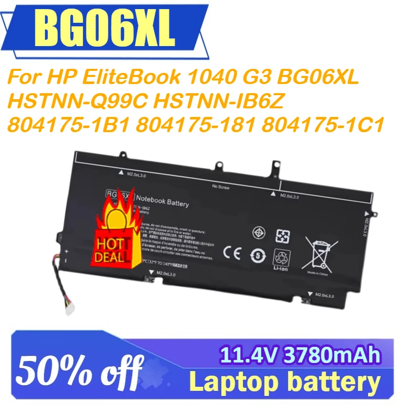 

BG06XL 11.4V 3780mAh 45Wh Laptop Battery For HP EliteBook 1040 G3 BG06XL HSTNN-Q99C HSTNN-IB6Z 804175-1B1 804175-181 804175-1C1
