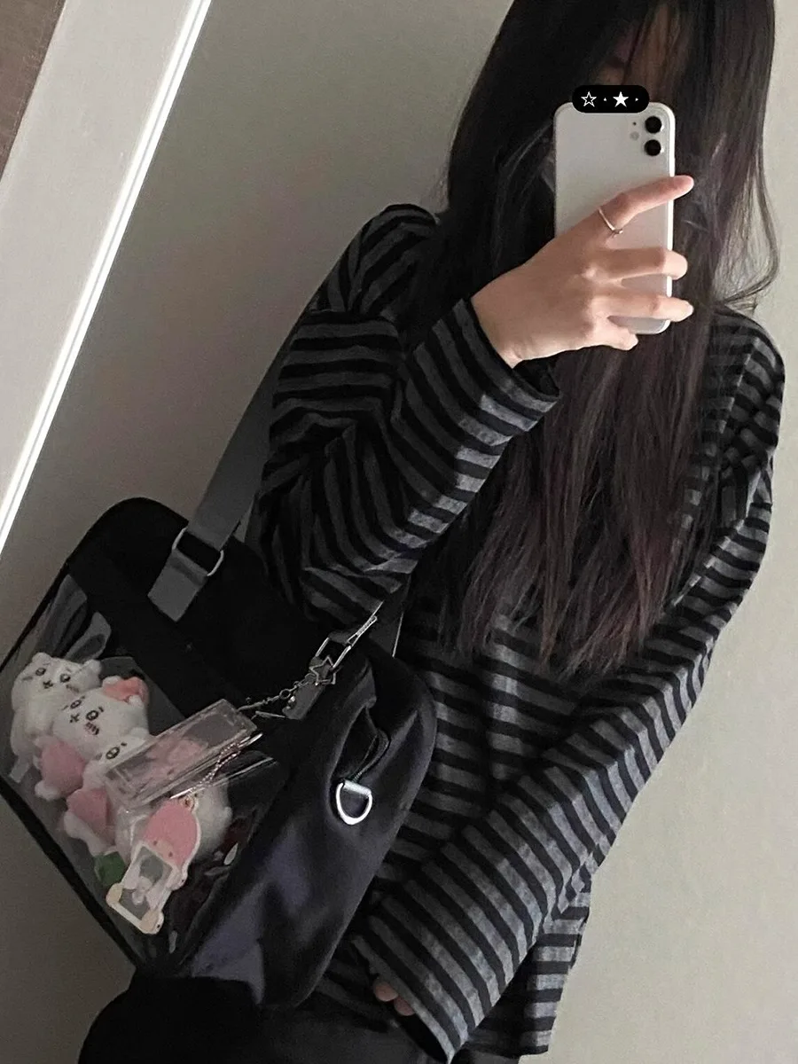 

Футболка оверсайз в ретро-американском стиле из хлопка в полоску, свободная, для весны и осени, повседневная, базовая, для женщин