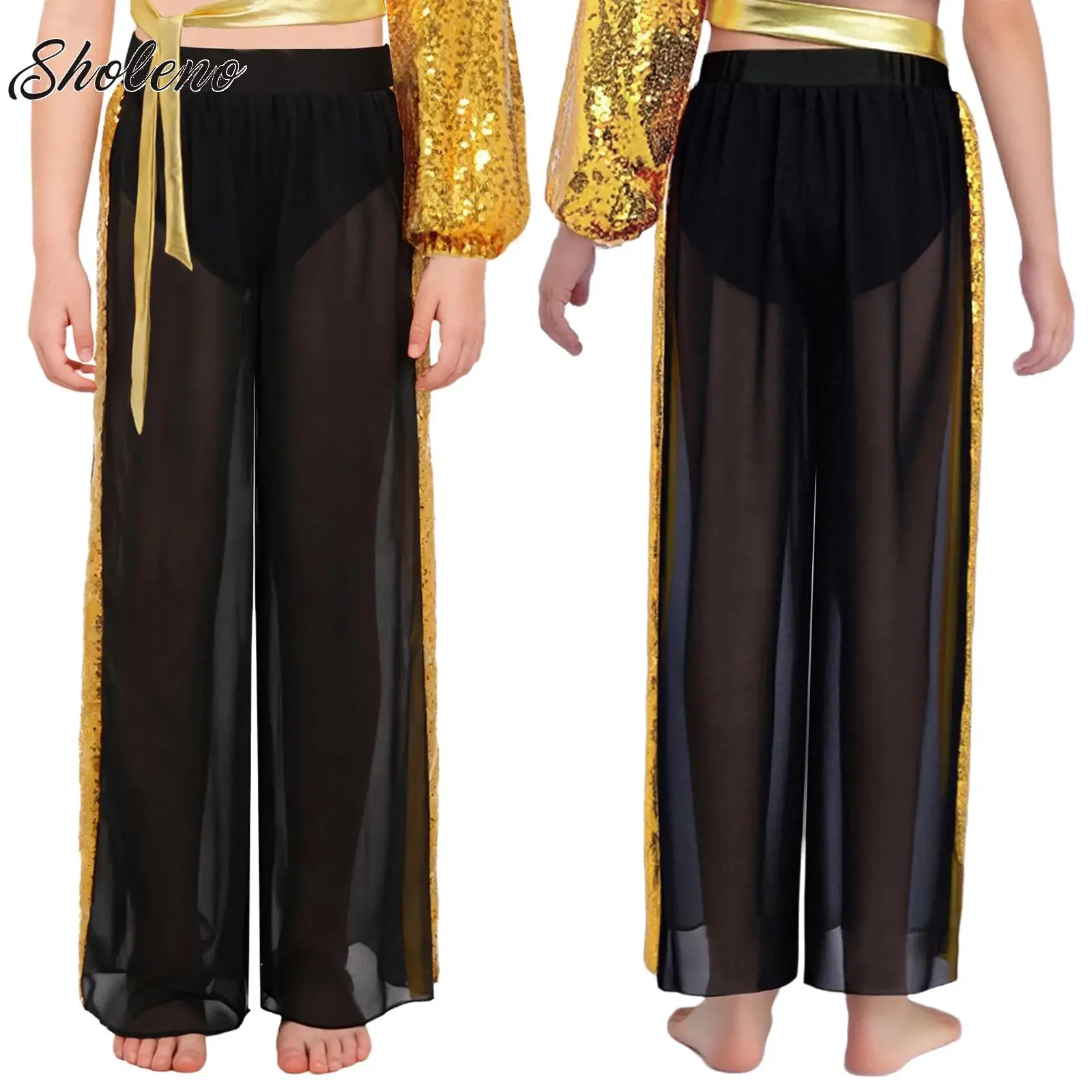 Pantalons de danse classique pour filles, bas de danse pour pratique du Ballet lyrique folklorique chinois, pantalons élégants en mousseline de soie à paillettes pour enfants