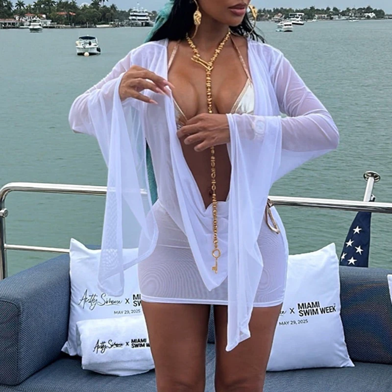 OMSJ ตาข่าย SHEER เซ็กซี่เปิดกลับแกว่งคอ Draped พับเอวสูง Big Swing แขนยาวมินิชุดผู้หญิงชายหาด clubwear