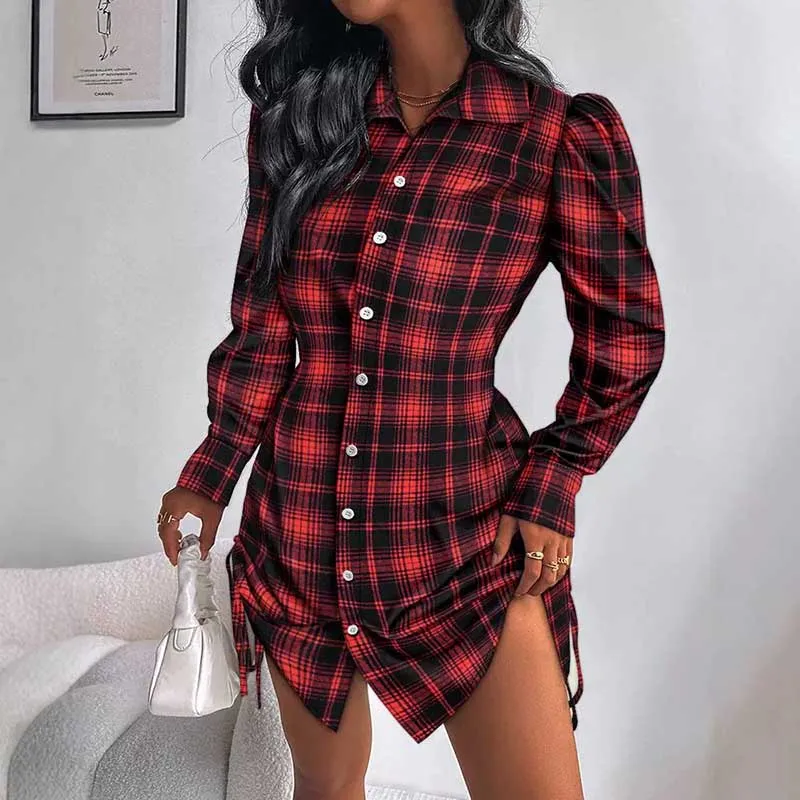 Vintage Check Long-sleeved Shirt Dress Women Fashion Casual New Spring Autumn Single-breasted Dresses