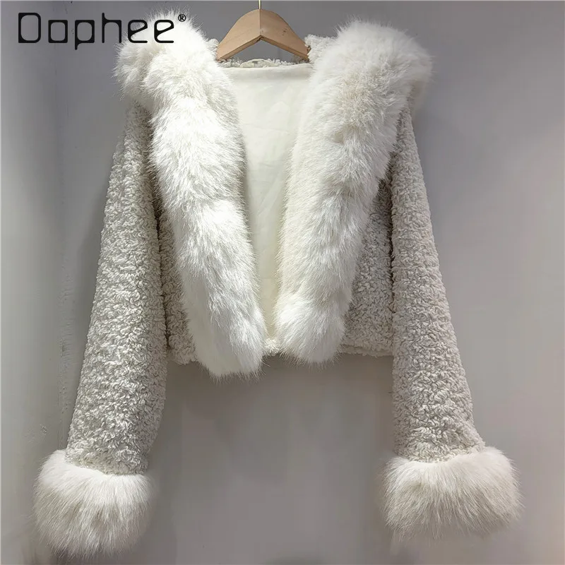 

White Eco-friendly Hooded Faux Fur Coat Women Autumn Winter Fluffy Fur Integrated Thickened Plush Turn-down Collar Short Coat