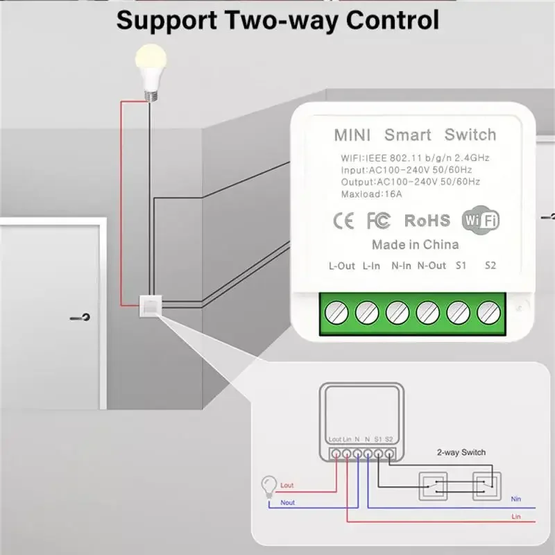 16A Tuya Smart WiFi Switch 2-way Control Switch Mini Breaker Smart Life Control Support Alexa Google Home Yandex Alice