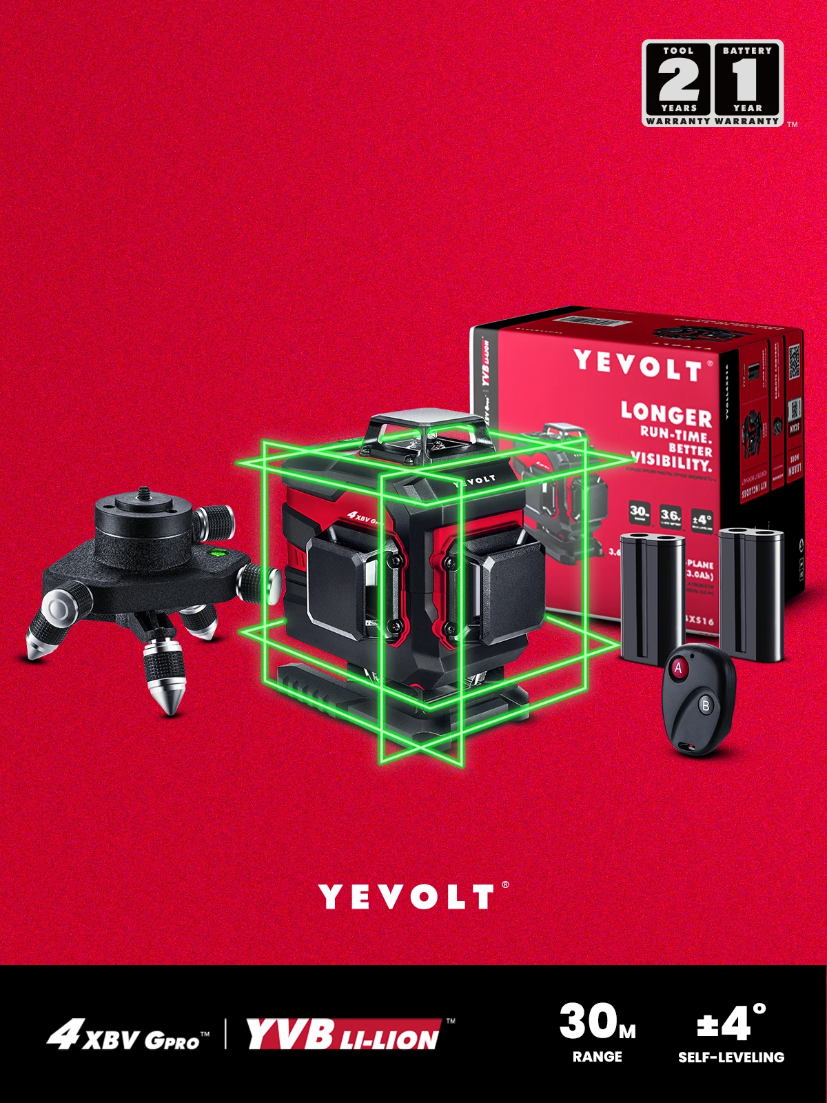 YEVOLT YVGLL4XS16DP-B 그린 레이저 레벨, 360 ° 미세 조정 회전 베이스, 하루 종일 작업 셀프 레벨링 기계, 4 평면, 16 라인