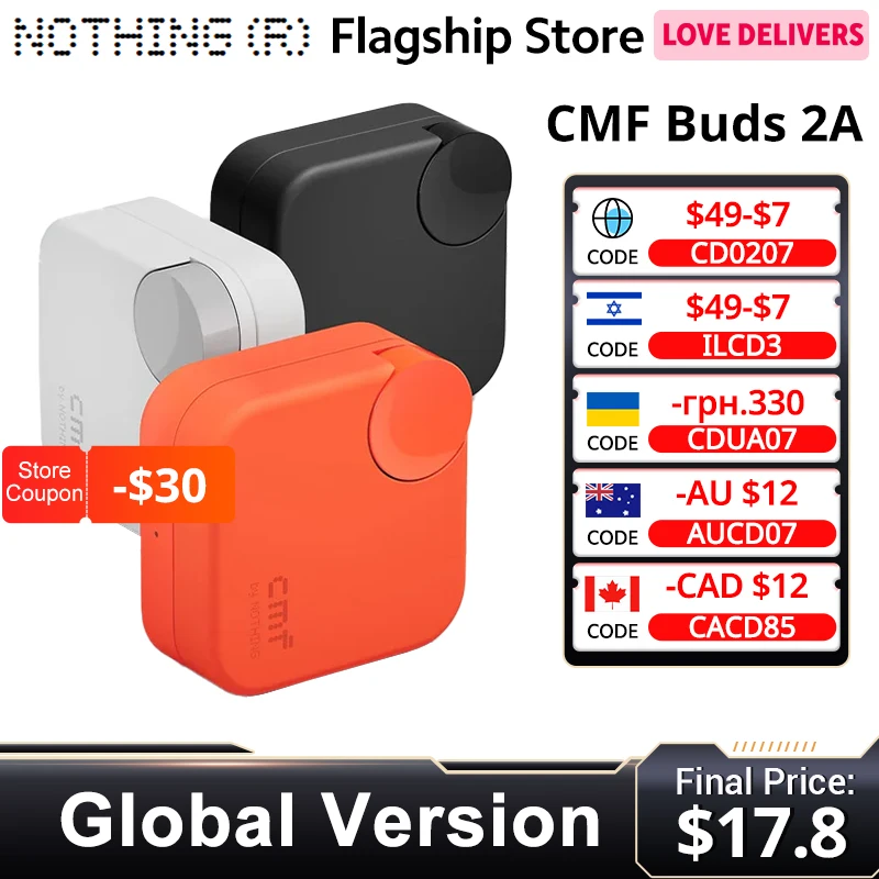 

Глобальная версия CMF Buds 2a До 31 часов воспроизведения Bluetooth 5,4 12,4 мм Драйвер 42 дБ ANC 4HD Микрофоны IP54