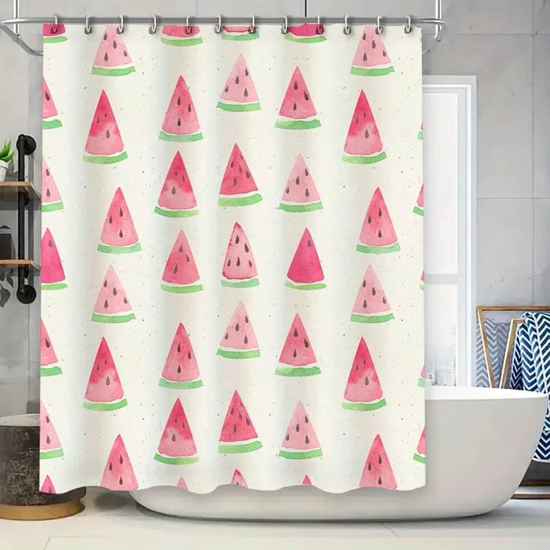 

Watermelon Shower Curtain, Bath Room Decor, Printed Plastic Fabric, Pink Green White Colorful Design Pattern, Modern Home Deco