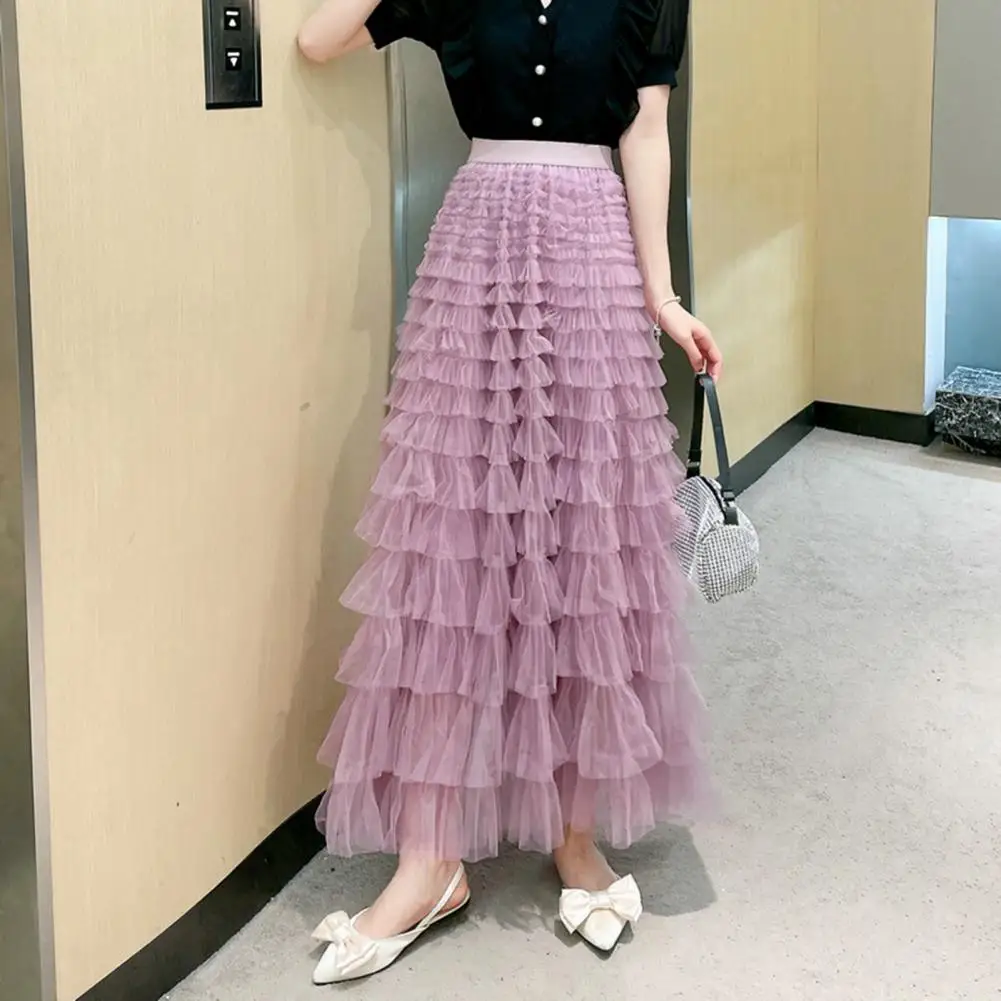 

Women Skirt High Waist A-line Big Swing Ruffle Solid Color Scattered Hem Pleated Patchwork Elastic Waist Ankle Length Maxi Skirt