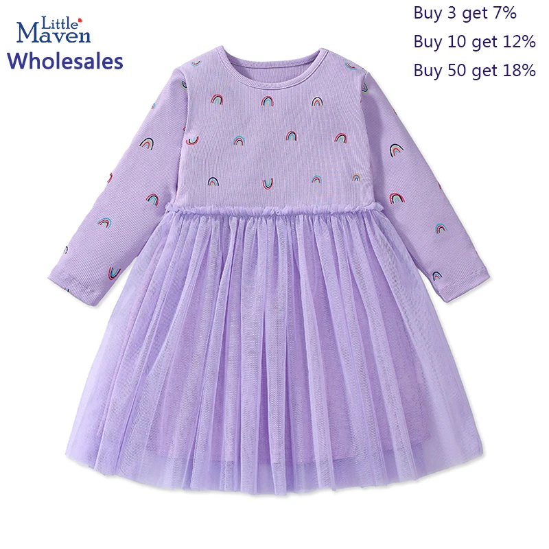 

Little maven Wholesale Kids Clothes 2024 Autumn Children's Clothing Cotton Girls Long Sleeves Cartoon Rainbow Casual Dresses