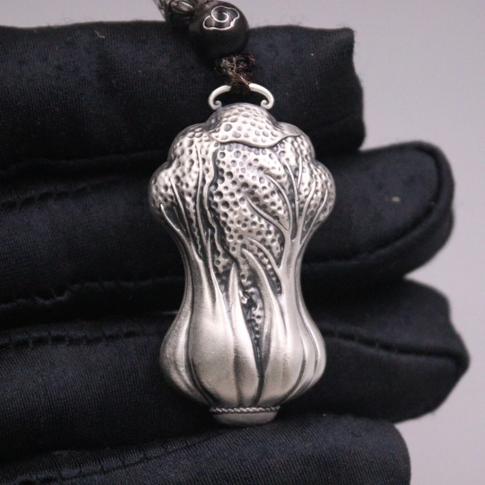 Real Pure 999 Fine Silver Men Women Lucky Hollow Coin Pixiu Cabbage Pendant 14.91g