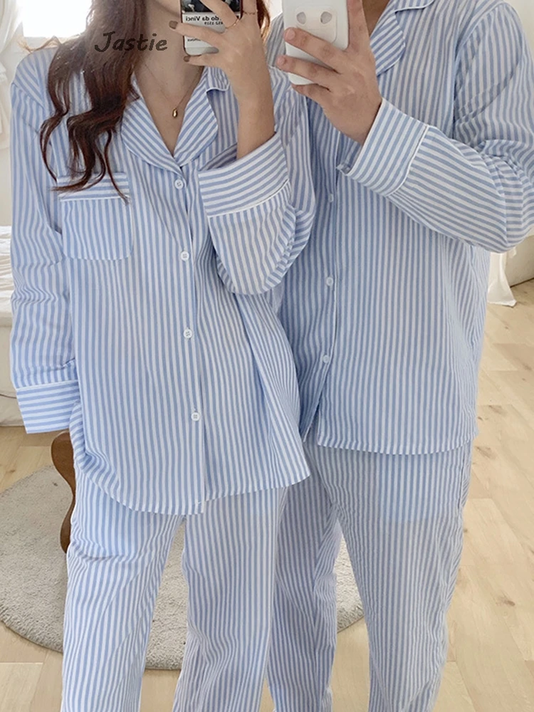 Simple Fashion Casual Striped Cotton Pajamas Suit Couple Wear Spring Long Sleeve Shirt Straight Pants Sets For Women 2 Pieces