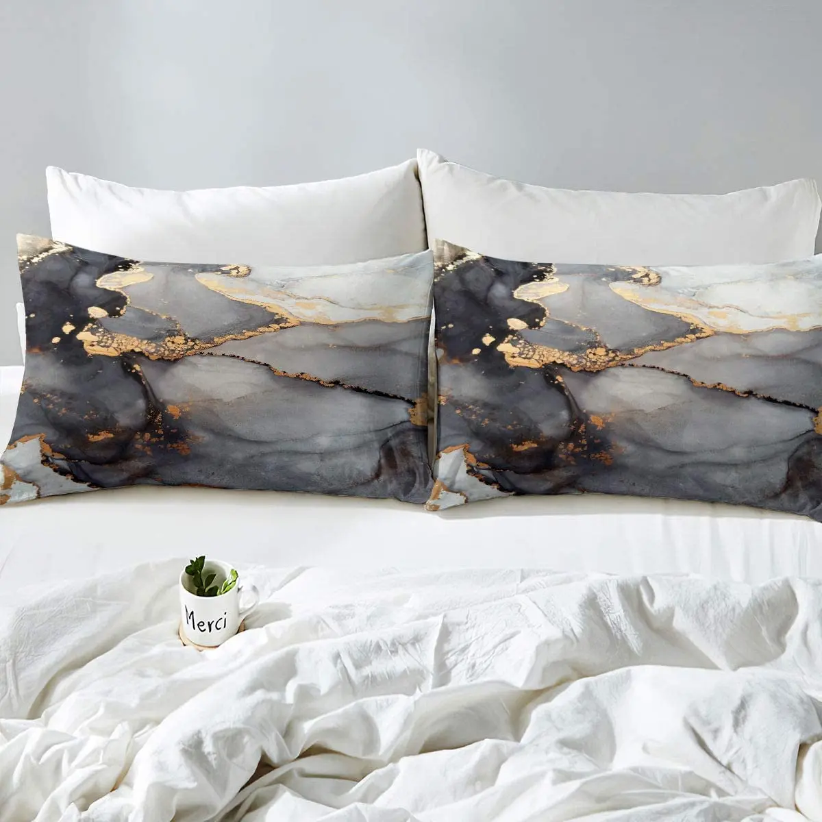 Imagem -03 - Conjuntos de Cama em Mármore para Meninas Lençóis Macios Pastel Dourado Design de Arte Abstrata Decoração Bronzeando Preto