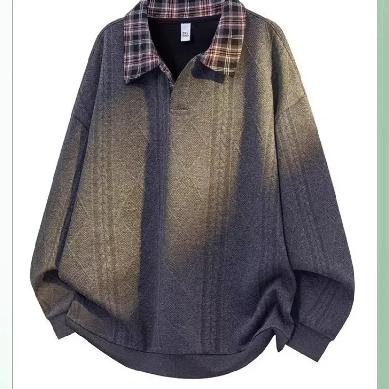 

Minimally checkered fake two-piece polo collar sweatshirt for men, trendy long sleeved base shirt, hooded top