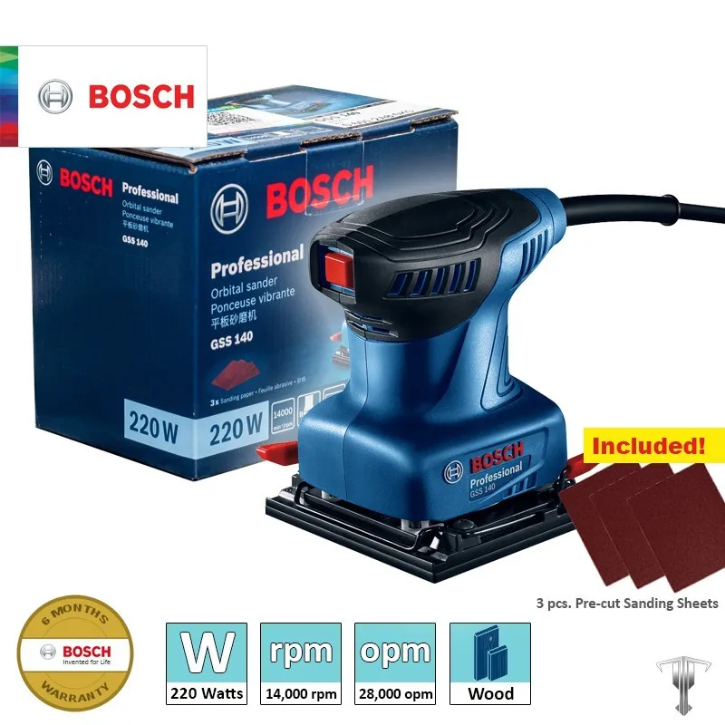 Bosch GSS 140 Professional 220W Orbital Sander Bosch Original Power Tool Sandpaper Machine for Woodworking and Wall Surfaces