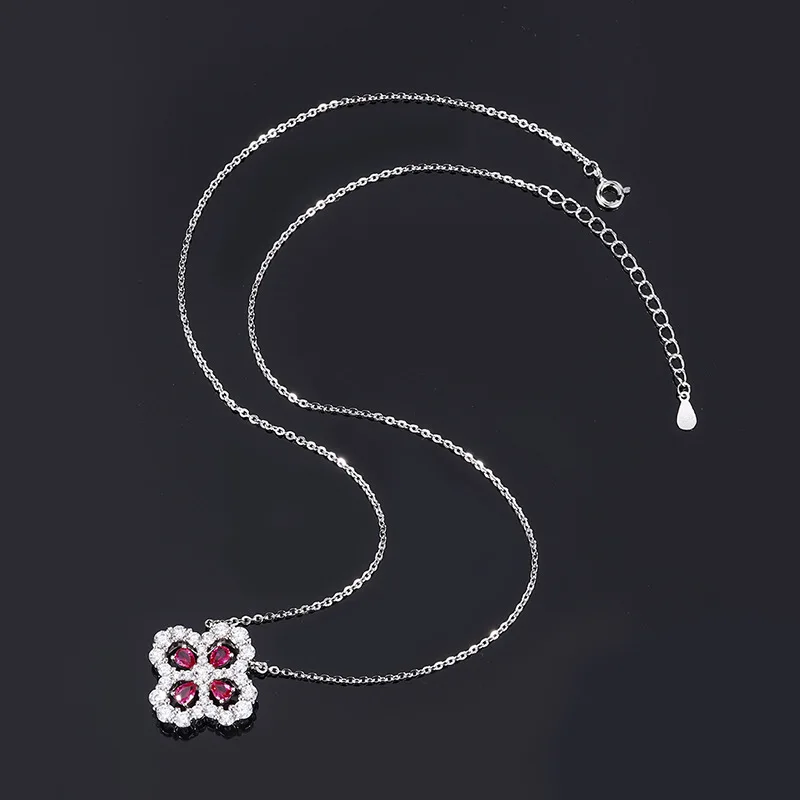 18K ゴールド セット PT950 プラチナ ピジョン ブラッド ルビー フル ダイヤモンド セット 四つ葉のクローバー ネックレス ペンダント