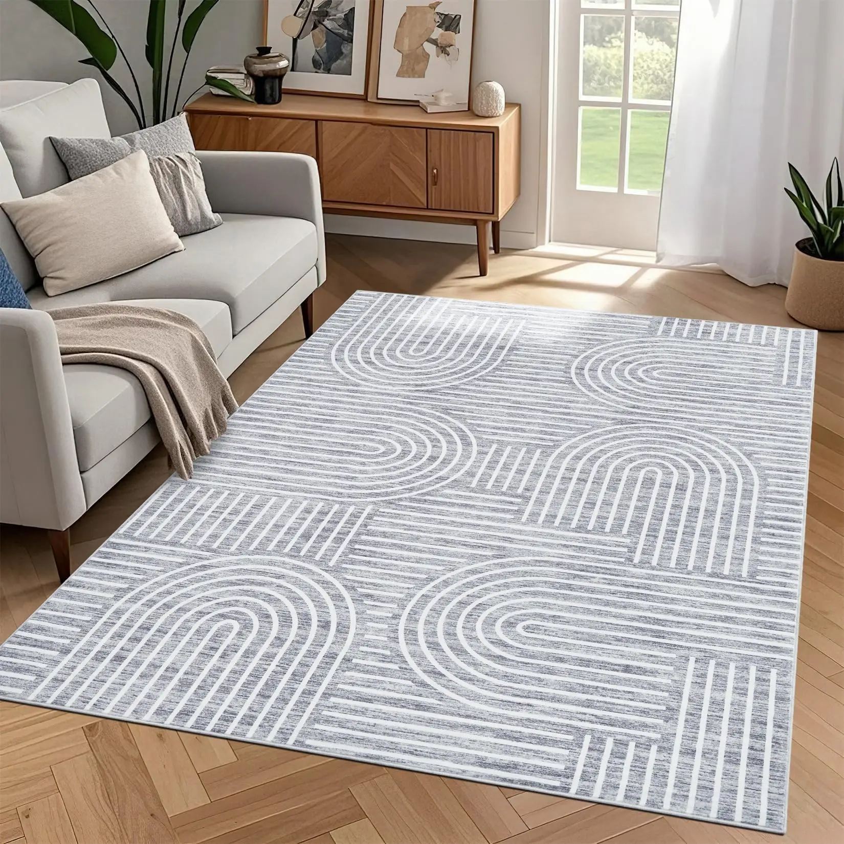 Tappeto moderno con motivo geometrico, lavabile, a pelo corto, antiscivolo, in poliestere 350GSM color cenere, morbido al tatto, lavabile in lavatrice, pieghevole per riporlo, con retro antiscivolo in