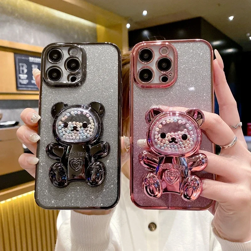 Cute Bear Holder Bracket Glitter Plating Case for funda iPhone 15 Pro Max 14 13 12 11 Pro XR XS Max X 8 7 Plus Stand Soft Cover