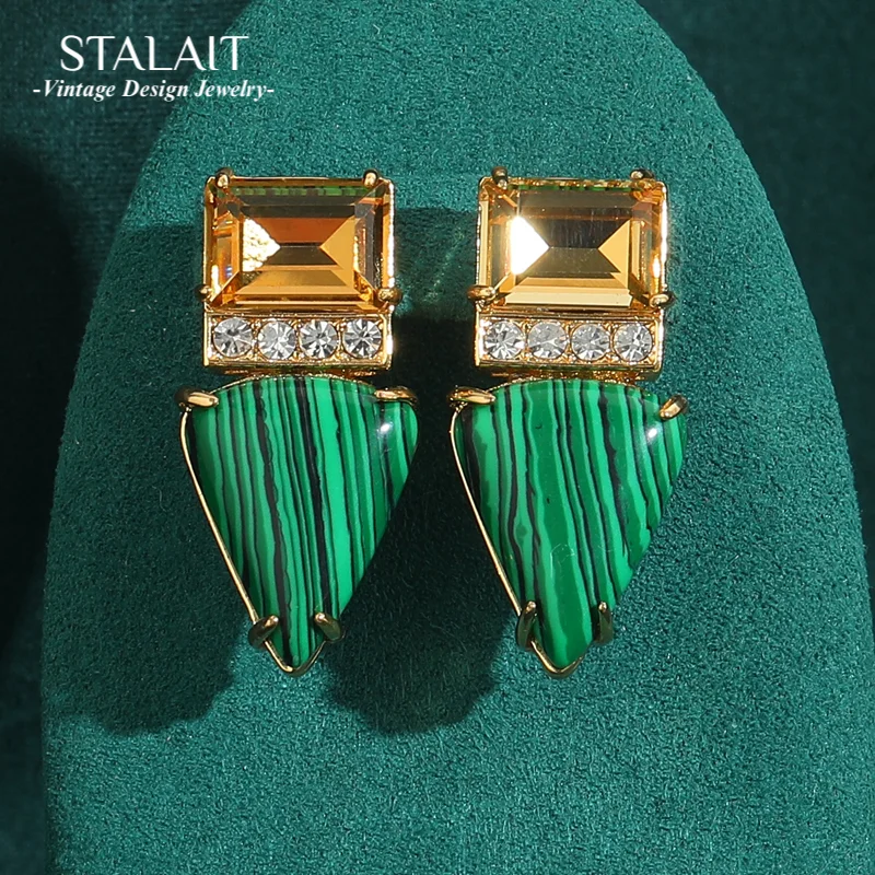 

New Triangle Earrings for Women Square Champagne Crystal Green Peacock Stone Natural Stone Vintage Antique Jewelry Accessories