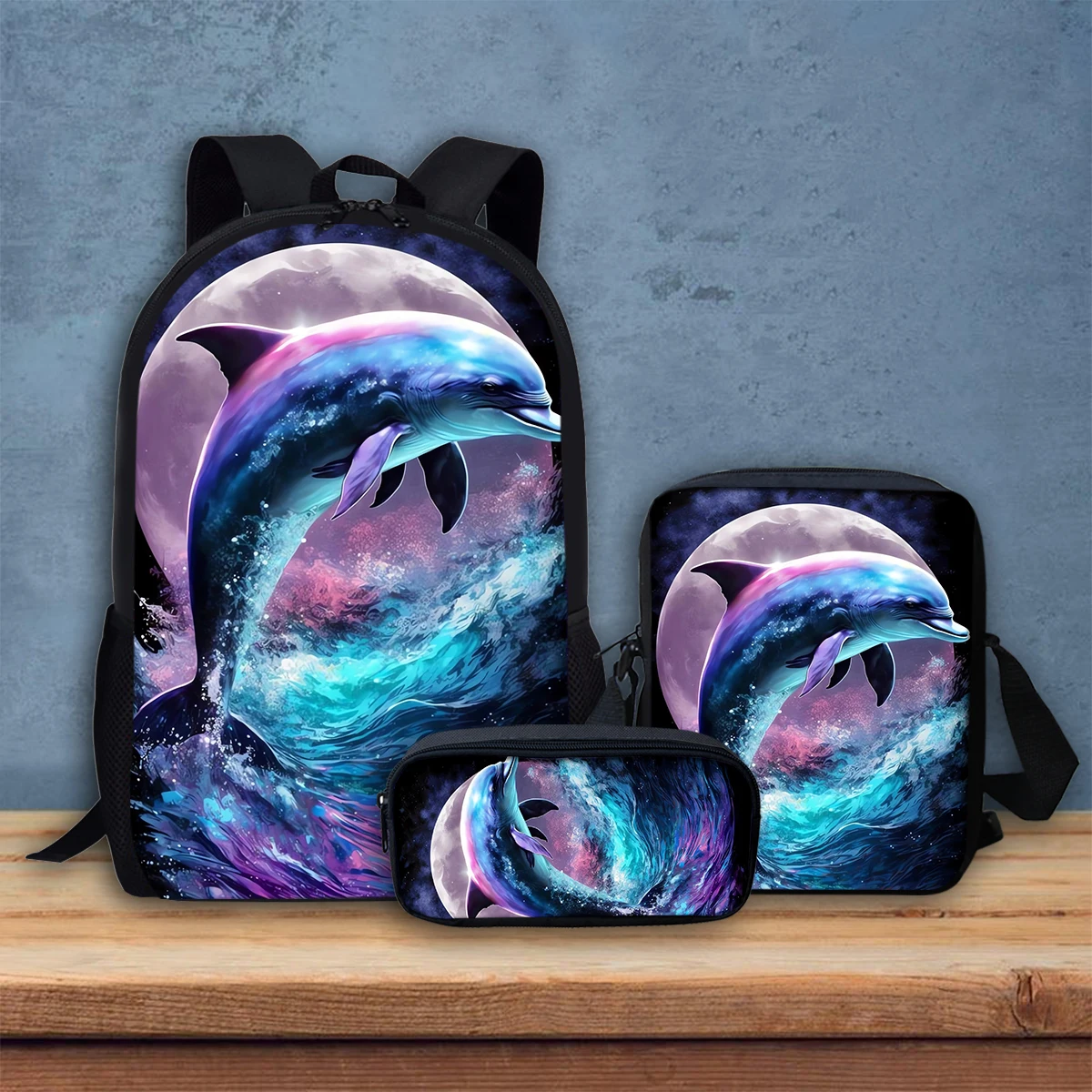 Fantasy Galaxy Moon Dolphins ชุดกระเป๋าเป้สะพายหลังสําหรับวัยรุ่น Boys Girls กระเป๋าเป้สะพายหลังแล็ปท็อปขนาดใหญ่ความจุกระเป๋านักเรียนสําหรับเดินทาง Daypack