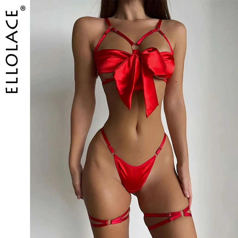 Ellolace Bowknot Lingerie Open Bra Lace Up Sexy Underwear 3-Piece Satin Erotic Outfit Young Girls Uncensored Bilizna Set Of Sex