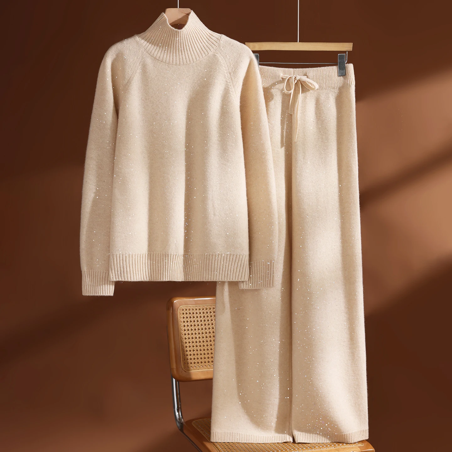 Autumn Winter Women's Sequins 100% Wool Knitted Turtleneck Pullover Sweater Wide Leg Pants Set Thick Casual Cashmere Knit Set