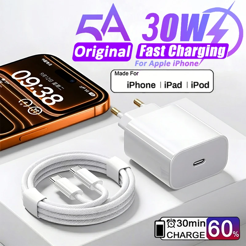 For Apple Original 30W Type C Quick Charger For iPhone 17 16 15 14 13 12 11 Pro Max Samsung S25 S24 Fast Charging Charge Cable