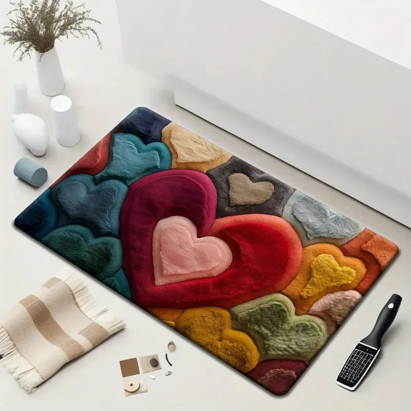 Heart Print Flannel Floor Mat Non Slip Washable Soft Rug for Entryway Kitchen Bathroom Valentine Gift Home Decor