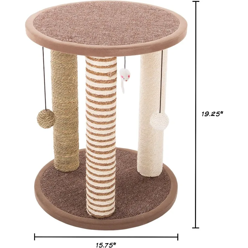 Cat Scratching Post - 3 Scratcher Posts with Carpeted Base Play Area and Perch - Furniture Scratching Deterrent for Indoor Cats