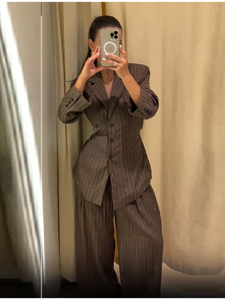 Elegante gestreifte Damenanzüge, schicke Kaffee-Taillenkrawatte, Anzughose, weiblich, 2-teiliges Set, 2025, NEU, Herbstmode, lässiges Büro-Outfit – Detail 6