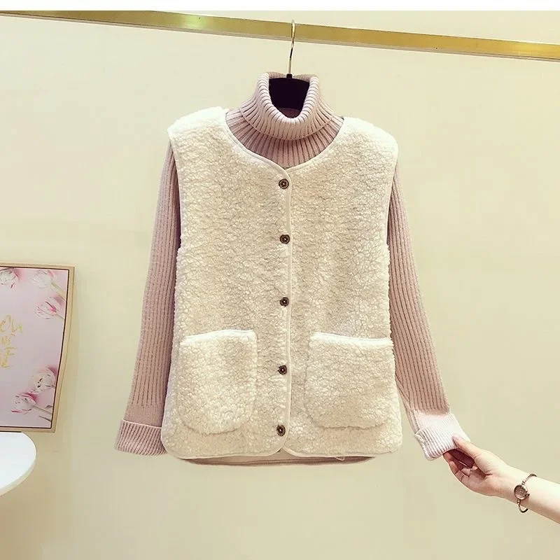 2024 Women's Faux Sheepskin Vest New Autumn Winter Korean Style Versatile Ladies' Open Cardigan Outerwear Tank Top Jacket