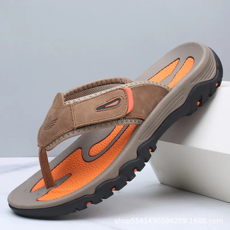 

New Large-size Hand-stitched First-layer Cowhide Men's Flip-flops Sandals 38-47