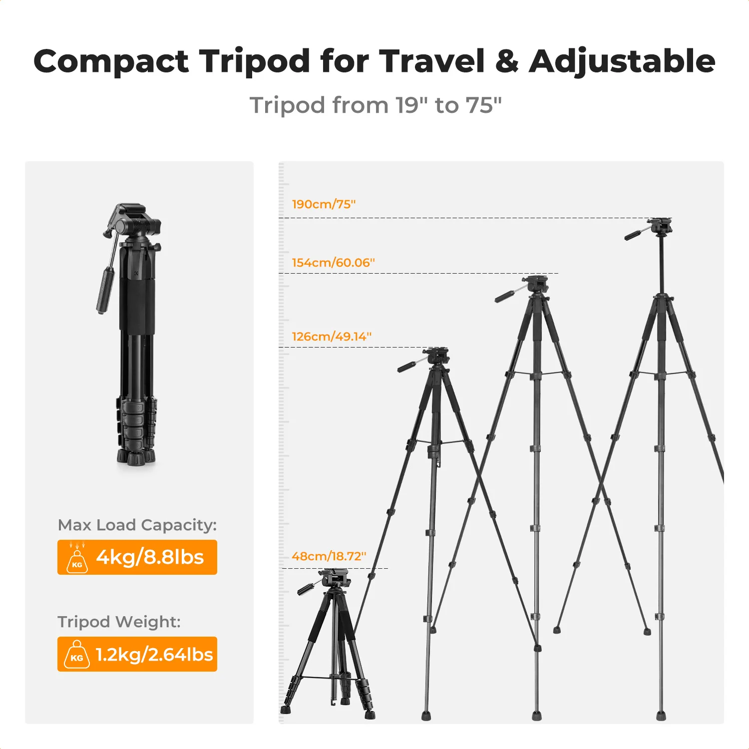 K&F CONCEPT Kamera-Stativ 190cm, Leichtes Tragbares Reise-Outdoor-DSLR-Stativständer für Kamera- und Handy-Videoaufnahmen – Detail 12