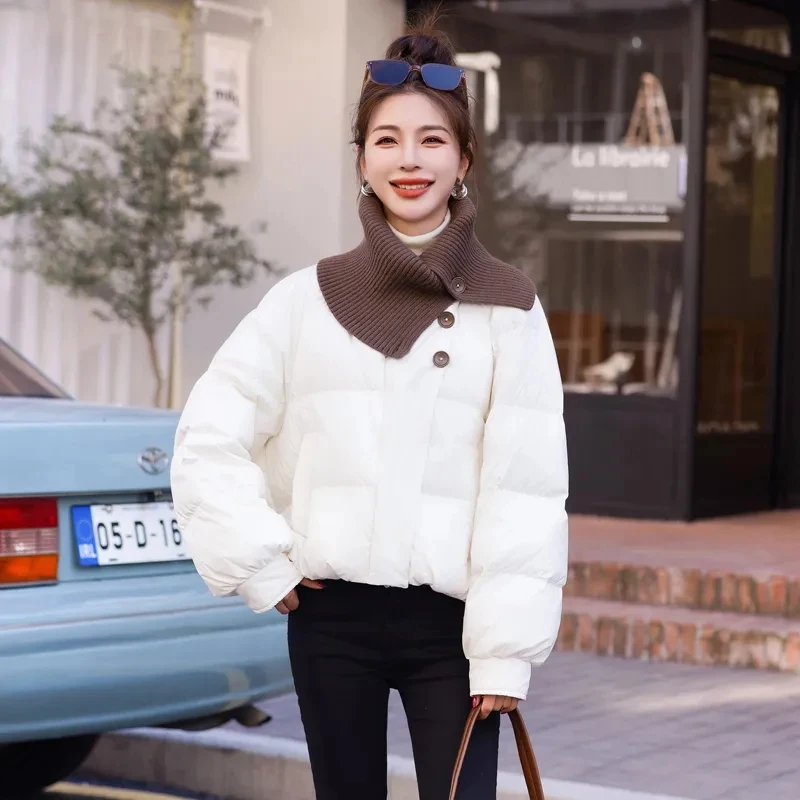 

Knitted Turtleneck Patchwork Short Down Cotton-padded Jacket Winter Loose Korean Warm Female Parkas Off white Black Cotton Coat