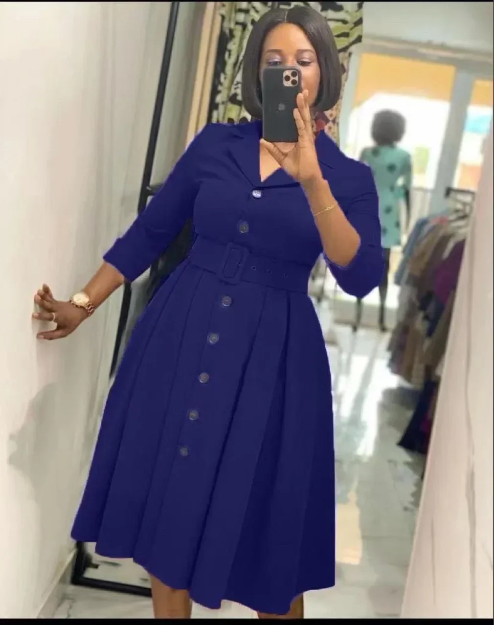 فساتين أفريقية لعام 2023 للنساء لربيع وخريف المرأة الأفريقية برقبة على شكل حرف v من البوليستر بلون سادة بطول الركبة ملابس أفريقية للنساء