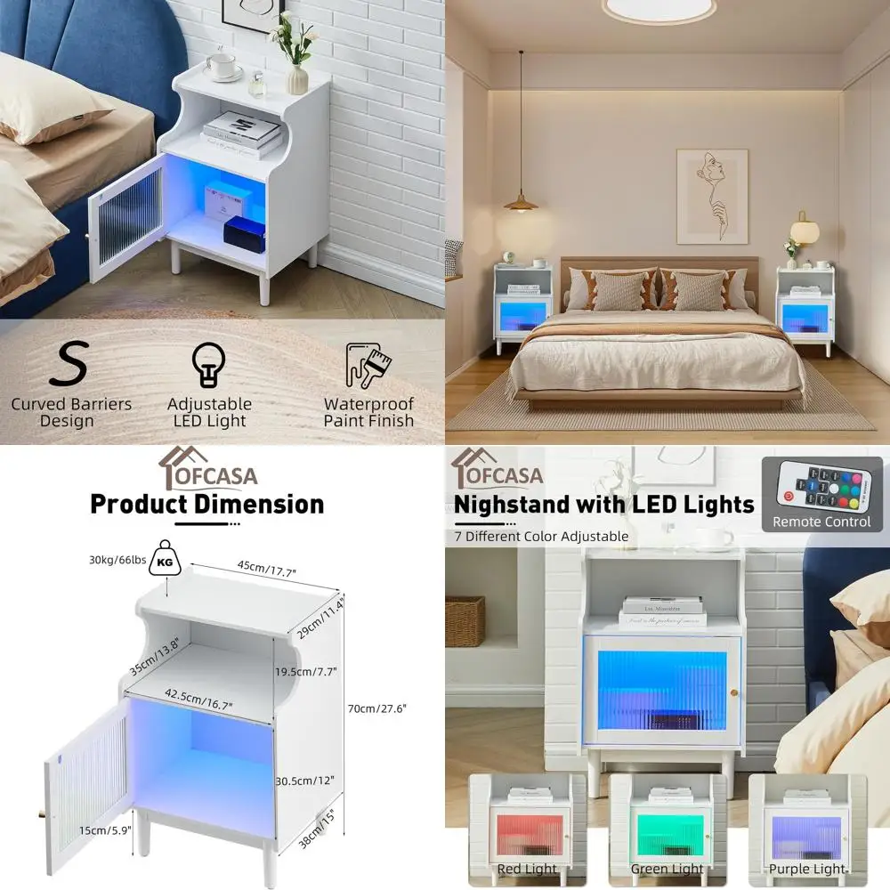 Pair of Modern LED Nightstands, White, 1-Door Side Table, Bedroom Furniture, 17.7W x 15D x 27.6H
