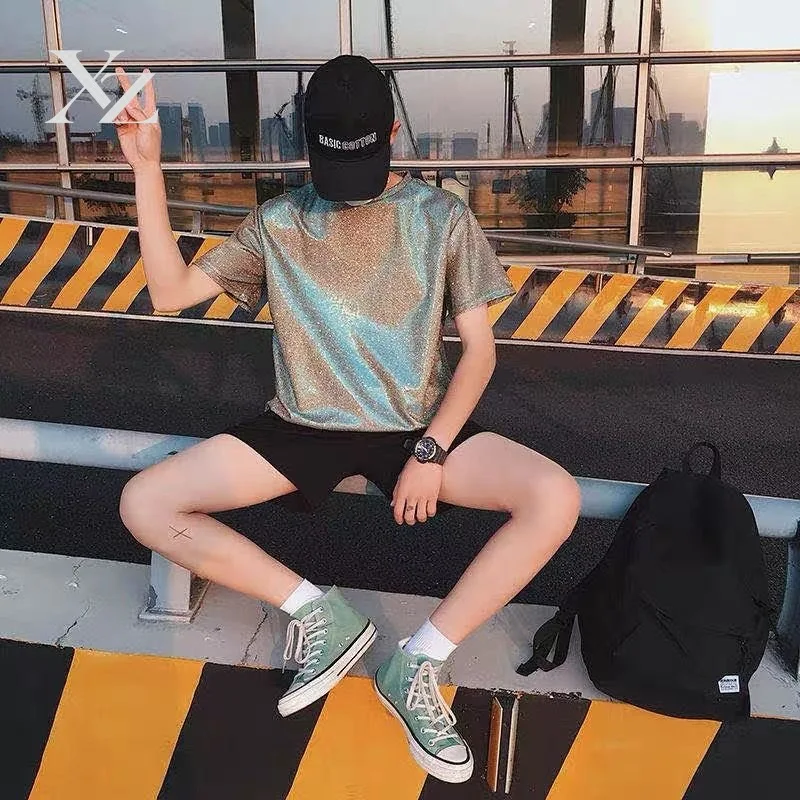 Opening Sale |Men's Top for Night Out Metallic Shiny T-Shirt Short Sleeve Crew Neck Loose Casual Top for Disco Party Club Street