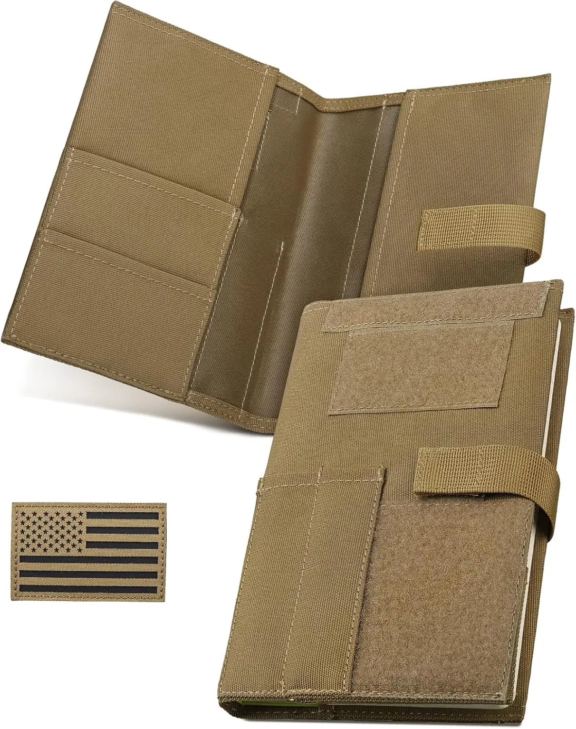 

Tactical Book Cover for 5.5"x8" Military Log Book, Green Protective Holder with Flag Patch, Detachable Field Notebook Cover, Tan, 5.7x8.7 in