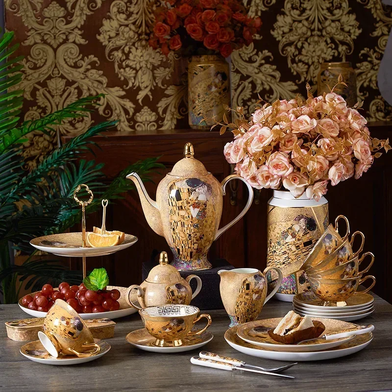 Gustav Klimt Bone China Coffee Set Luxury British Porcelain Tea Cup Set Ceramic Teapot Creamer Sugar Bowl Milk Jug Coffeeware