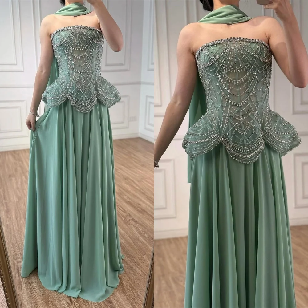 Customized Charming Green Chiffon Evening Dress Soft  Strapless Sleeveless Homecoming Dresses Luxury Special Occasion Gowns