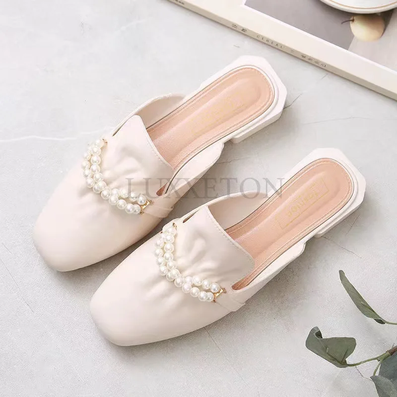 Women Slippers 2024 New Summer Fashion Slip on Flat Soled Muller Korean Cute Casual Outdoor Pearl Toe Square Toe Women Shoes