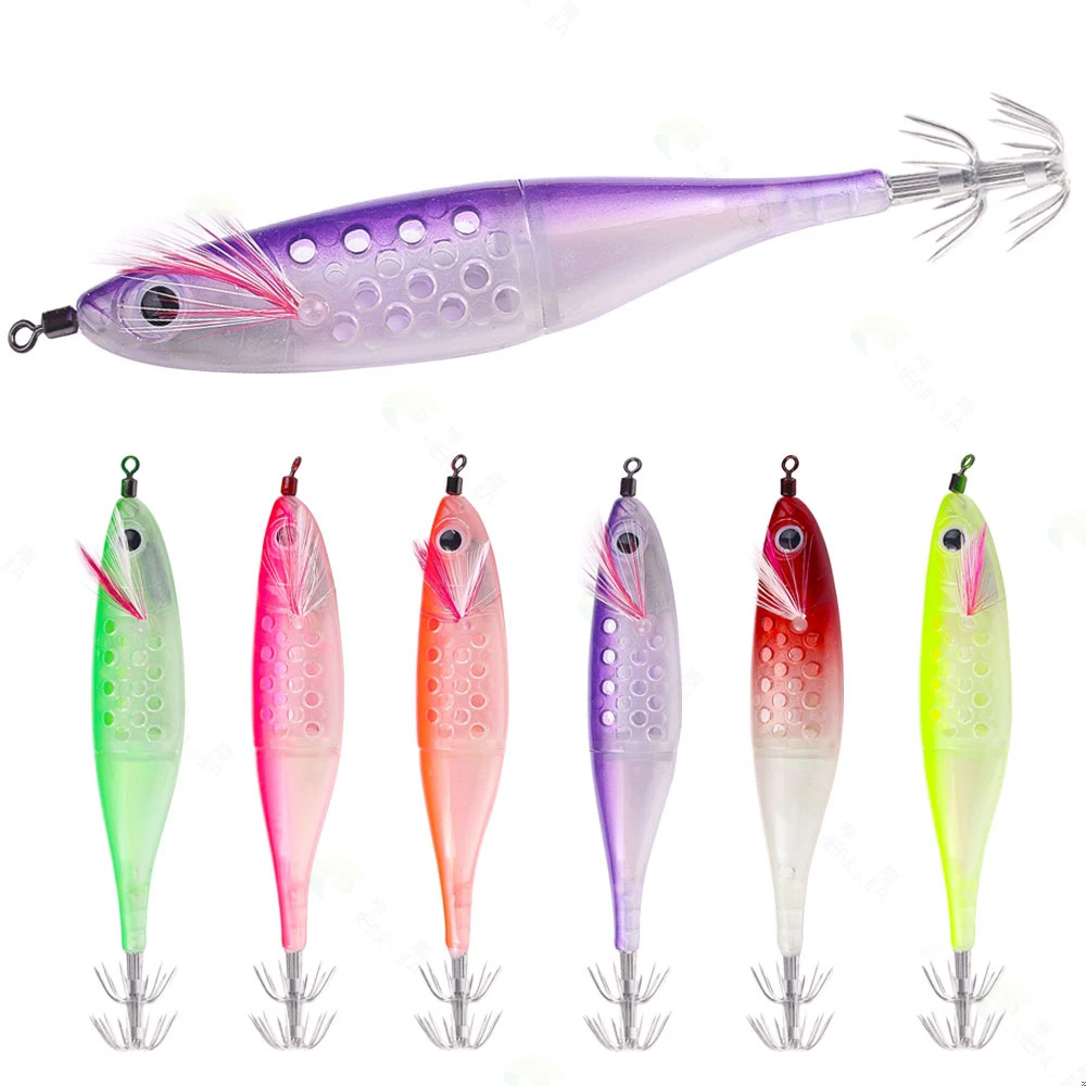 

Светящийся крючок для джиг-кальмара, 10 г, 12 см, рыболовная приманка, ПВХ, полая клетка для приманки, креветки, окуня, джиг-воблер, светящаяся приманка для осьминога для ночной рыбалки