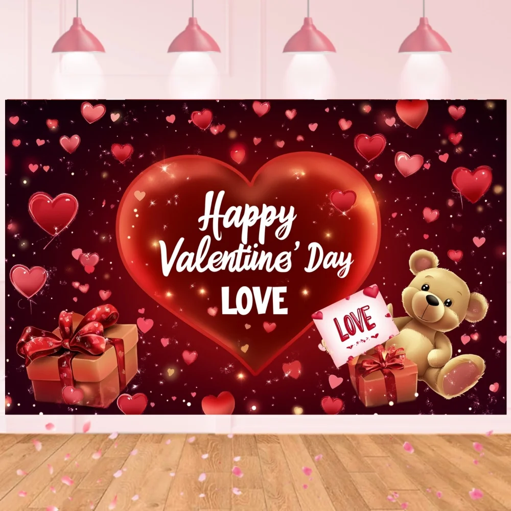 Valentine’s Day Photography Background Red Love Heart Cute Bear Wedding Party Backdrop Lover Portrait Photozone Banner Props