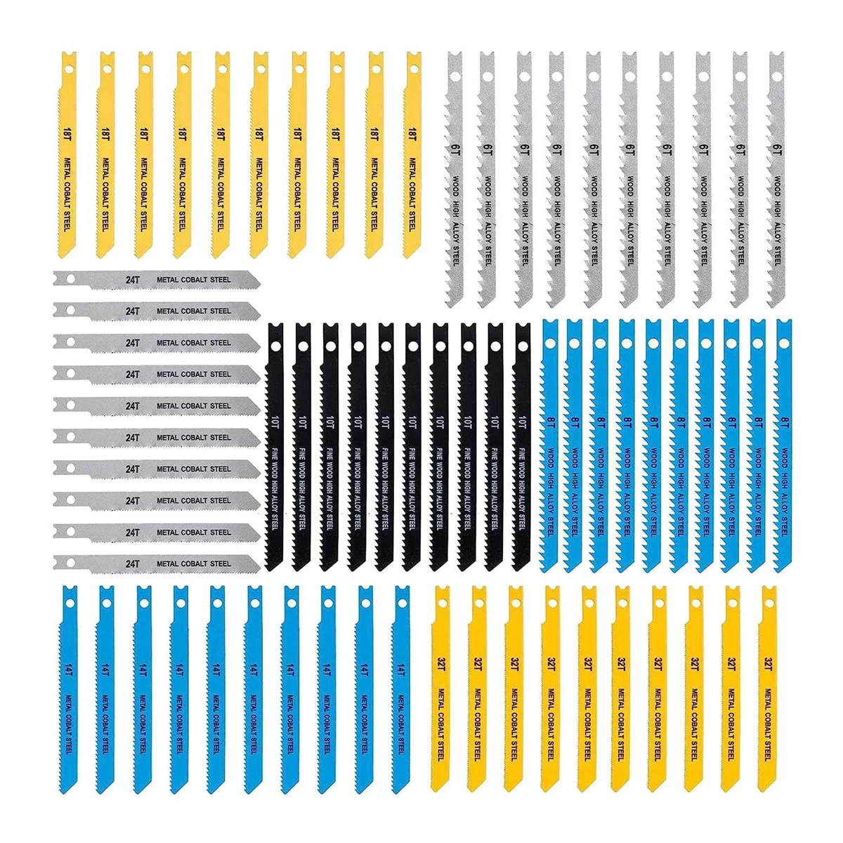 Jigsaw Blades U-Shank 70Pcs Set, 6-32 TPI Jig Saw Blades for Wood, Plastic and Metal Cutting, for Most U Jigsaws