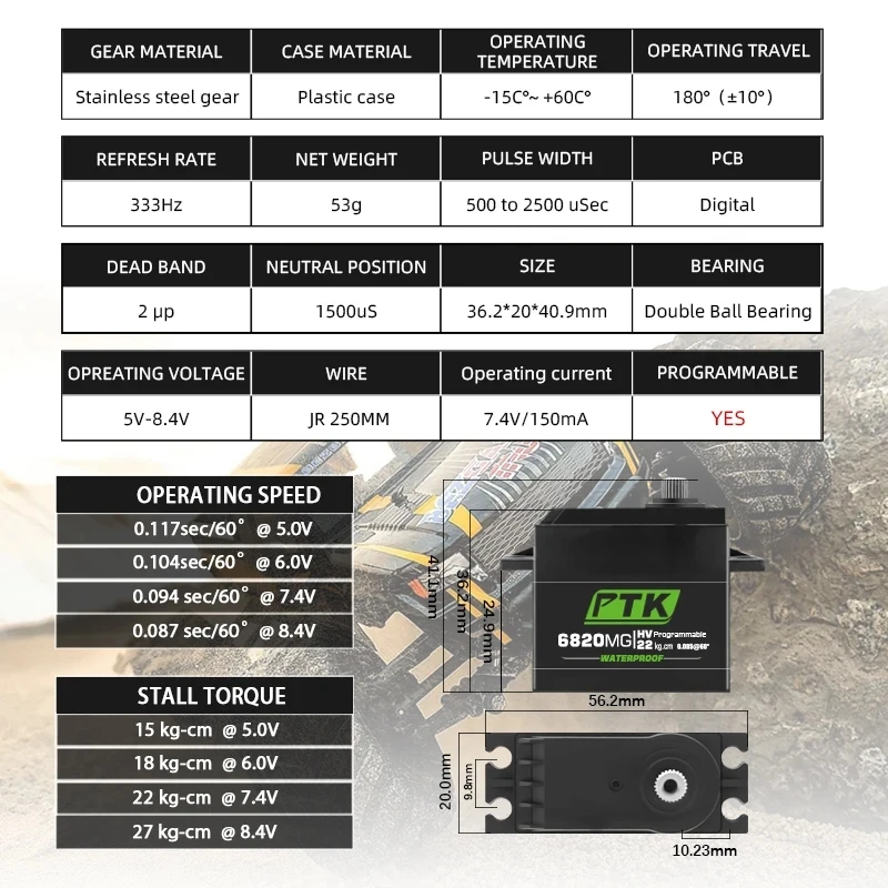 Servomoteur numérique PTK 6820MG en métal, 20kg HV, couple élevé, engrenage en acier inoxydable, robot à aile fixe, bricolage, voiture RC 180 °