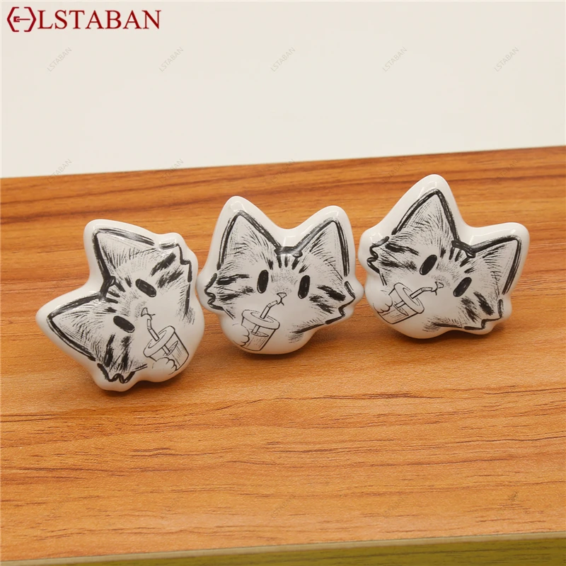 Sketch Cat Shape Ceramic Drawer Knob Single Hole Furniture Door Handle Children Room Kitchen Cabinet Door Pull Hardware Handle