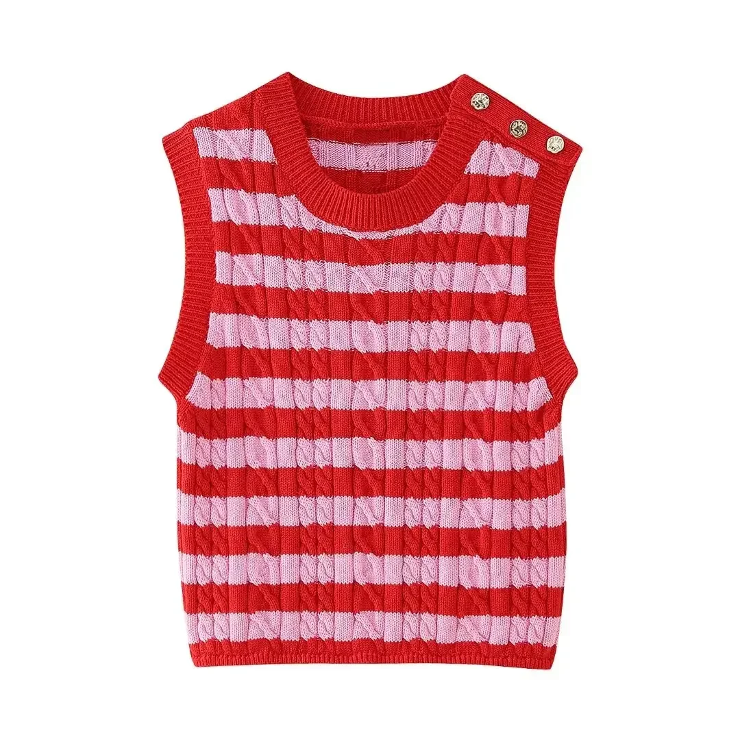 Women's 2024 New Fashion Temperament Joker Exquisite Button Striped Knit Vest Top Retro Sleeveless Women's Chic Top.