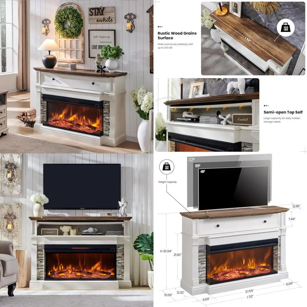 

52 Freestanding Electric Fireplace TV Stand with 36 3-Side Glass Insert, Fits TVs Up to 65