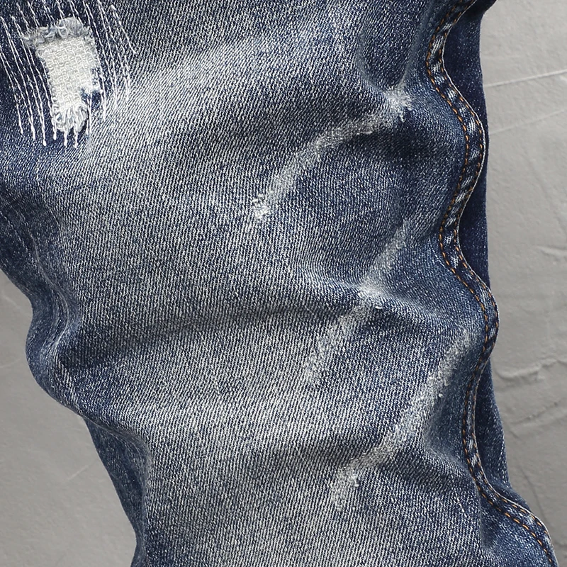 Fashion Designer Men Jeans High Quality Retro Blue Stretch Slim Fit Embroidery Patched Ripped Jeans Men Vintage Y2K Denim Pants