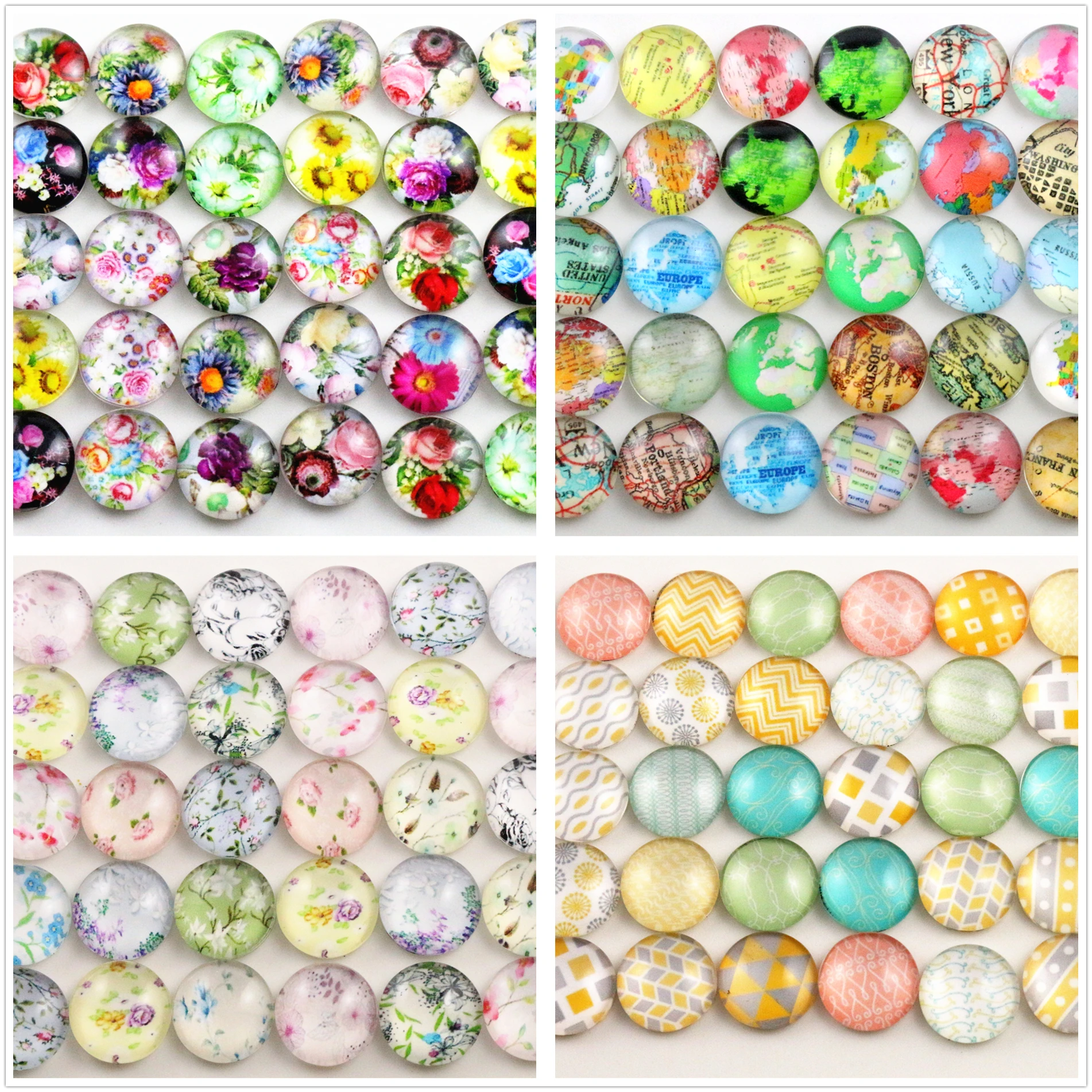 Hot Sale 50pcs 12mm New Fashion Mixed Flower Word Map Handmade Photo Glass Cabochons Pattern Domed Jewelry Accessories Supplie