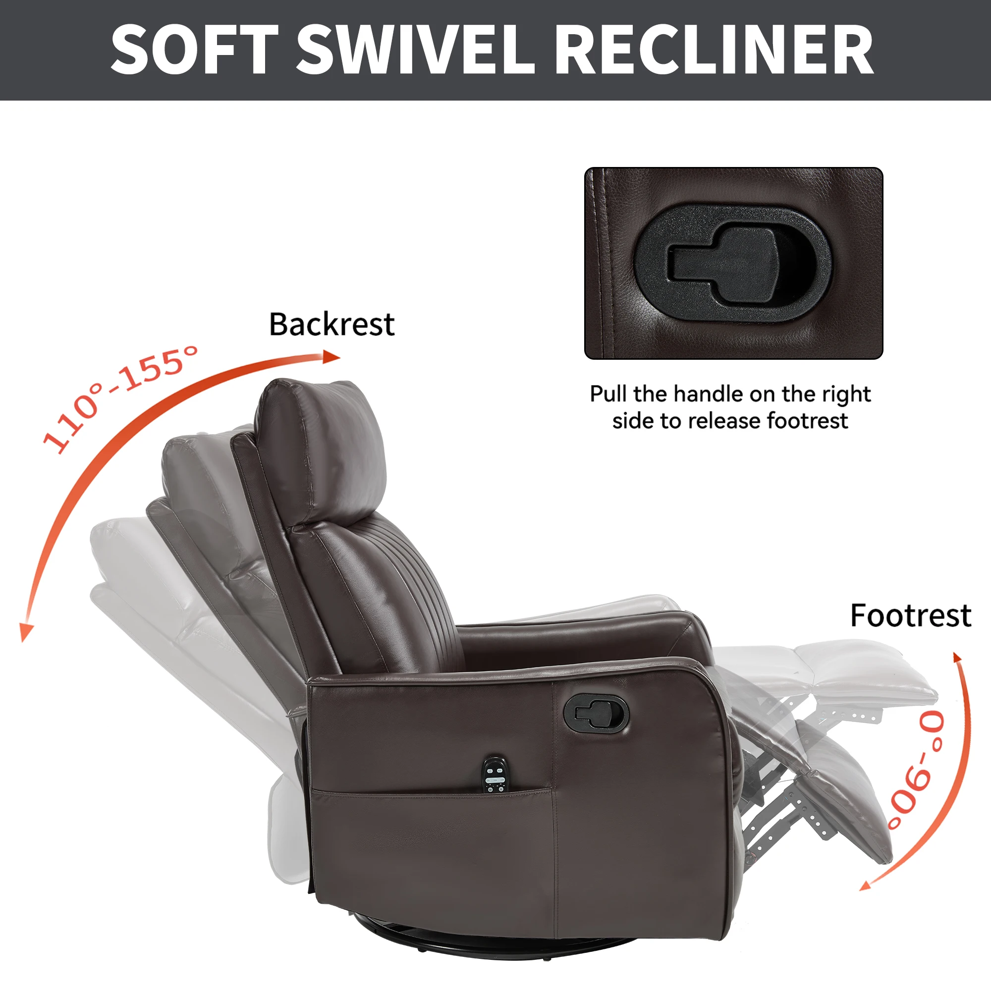 Manual Recliner Chair with Heat & Massage, Brown Faux Leather Rocker Swivel Accent Chair for Living Room view 8