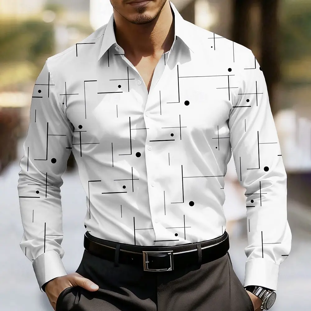 2026 New Men's Abstract Art Geometric Polka Dot Shirt Button-Down Collar Long-Sleeve Design Casual Fashion Everyday Wear Shirt